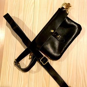 Belt Bag, Crossbody, or Small Clutch. Black Leather Gold Hardware.